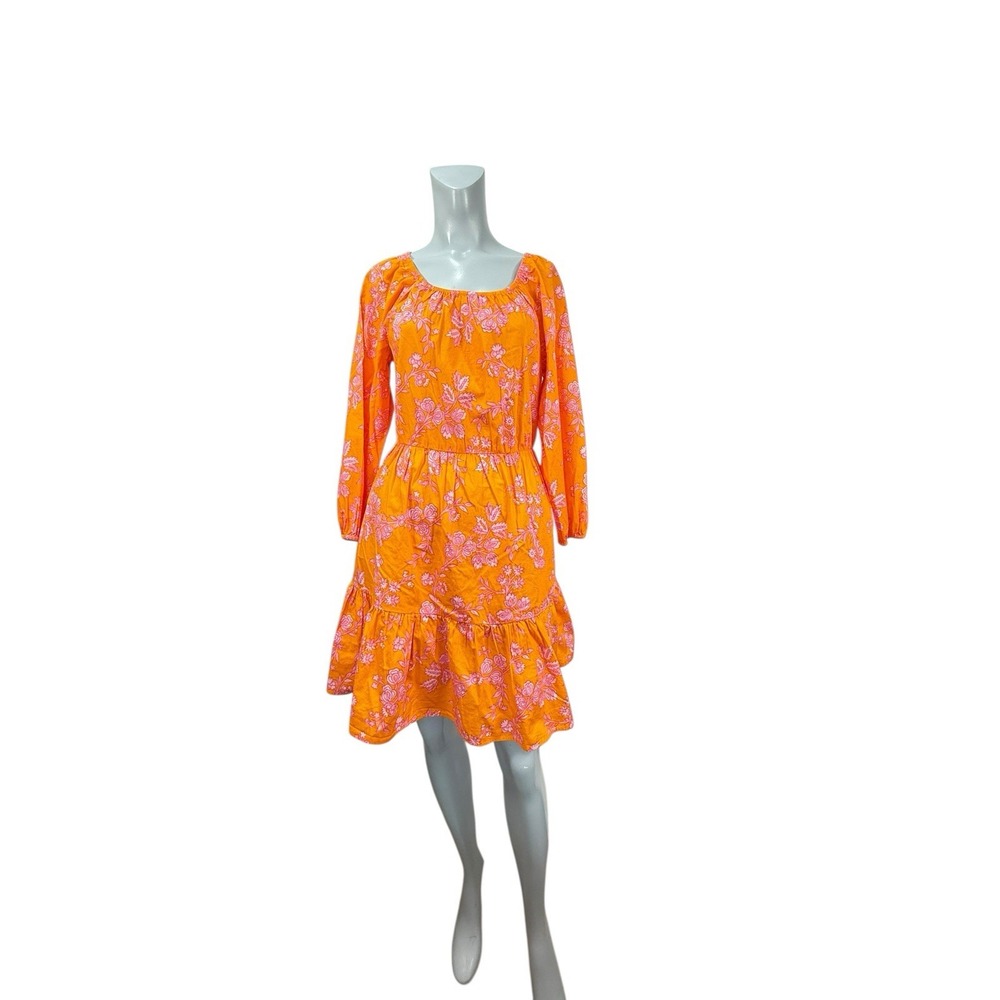 J Crews Women's 6  BIRDS OF PARADISE Orange Pink MIDI Peasant Dress Ruffled GUC‎